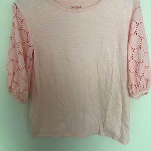 Pink arm see through blouse.